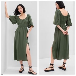 NWT GAP Puff Sleeve Front Slit Smocked Midi Dress Petite Small S